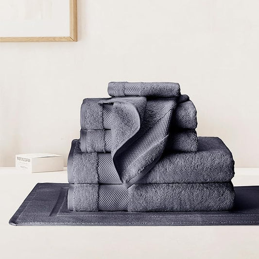 BIOWEAVES 100% Organic Cotton Bath Towel Set | 700 GSM Plush 7-Piece Premium Towel Set GOTS Certified, 2 Bath Towels, 2 Hand Towels & 2 Washcloths, 1 Bath Mat - Charcoal