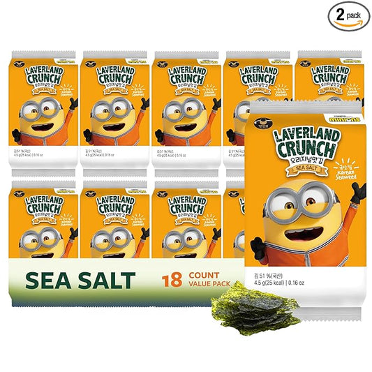 Laverland Crunch Minions Seaweed Snack Sea Salt Flavor 18 Count (2 Packs), Korean Roasted Seaweed, Low Calorie, Vegan and Keto friendly, Gluten Free.