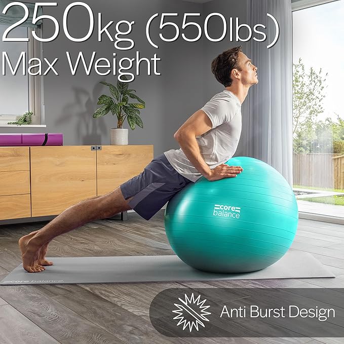 Core Balance Exercise Ball for Workouts, Anti-Burst and Slip Resistant, Swiss Yoga Ball for Pregnancy, Stability, Fitness and Physical Therapy, 4 Sizes, with Pump