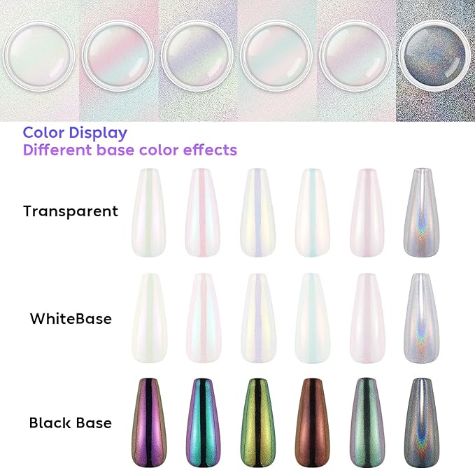 AIMEILI Pearl Chrome Nail Powder, Vegan, Cruelty Free, 6 Colors Aurora Metallic Holographic Mirror Effect Nail Art Pigment Iridescent Shell Glitter Nail Art