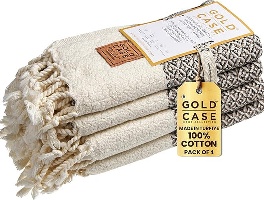 Gold CASE Turkish Hand Towels for Bathroom Set of 4 – 20 x 40'' – 100% Cotton Bathroom Towels – Aphrodite Kitchen Small Towel for Spa, Face, Tea & Dishcloth – Decorative Patterned Weave – Beige