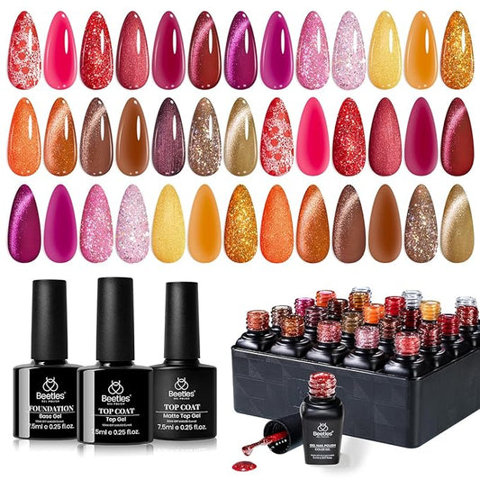 Beetles Fall Gel Nail Polish Set – Opulent Glow Cat Eye Gel Polish, 20 Colors Red Orange Yellow Glitter Brown, Soak Off UV LED with Base Glossy Matte Top Coat for DIY Manicure Gift for Women