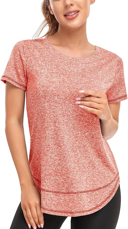 Women's Short Sleeve Workout Shirts Crewneck Sports Yoga Running Dry Fit Tops Side Split Tee