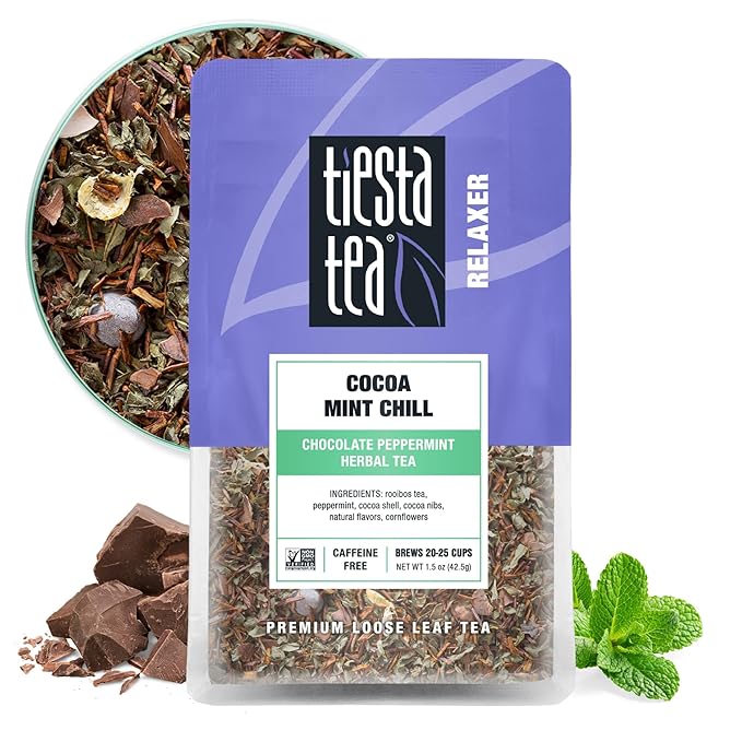 Tiesta Tea Cocoa Mint Chill Loose Leaf Tea, Chocolate Peppermint Herbal Rooibos Blend, Non-Caffeinated, Real Fruit, Herbs, Spices, Hot or Iced Brew, Makes Up to 25 Cups, Resealable Pouch, 1.5 Ounce