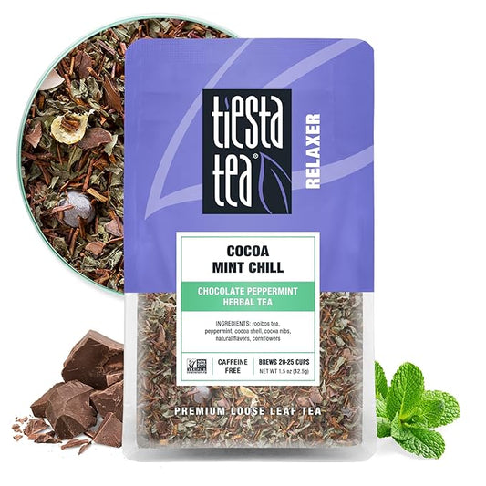 Tiesta Tea Cocoa Mint Chill Loose Leaf Tea, Chocolate Peppermint Herbal Rooibos Blend, Non-Caffeinated, Real Fruit, Herbs, Spices, Hot or Iced Brew, Makes Up to 25 Cups, Resealable Pouch, 1.5 Ounce