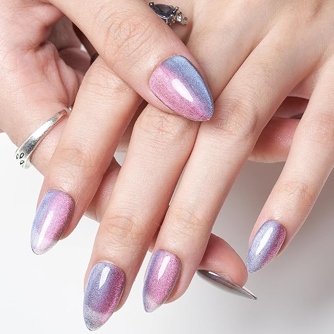 GLAMERMAID Pink Blue Magnet Cat Eyes Press on Nails Short Almond, Handmade Chameleon Gel Fake Nail Kit, Ombre Purple Glitter Magnetic Glue on Nail Stiletto, Medium Oval Stick False Nail Set for Women