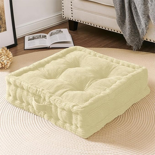 Square Floor Pillows for Adults Kids - Meditation Floor Pillow Seating Cushion - Tufted Floor Cushion with Shredded Foam & Velvet Cover, 1 Pack, 20x20 Inch, Beige