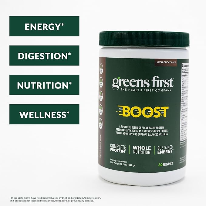 Greens First Boost - Plant-Based Protein & Balanced Nutrition - Superfood Shake Mix - No Wheat or Soy - Dairy-Free - Vegan - Dutch Chocolate, 12.28 oz.
