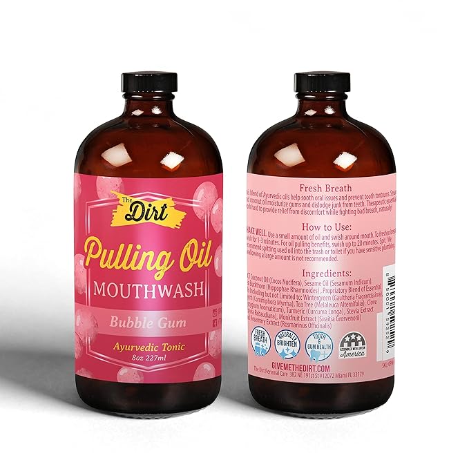 THE DIRT Oil Pulling Mouthwash - Gluten Free - Removes Plaque, Tartar, Bad Breath & Whitens Teeth (Bubblegum, 8 Ounce)