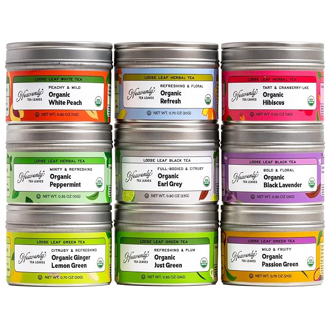 Heavenly Tea Leaves Organic Assorted 9 Loose Leaf Tea Gift Box (Approx. 90 Cups of Tea), Sampler Set of 9 Teas & Herbal Tisanes - Great Hot or Iced, High to No Caffeine