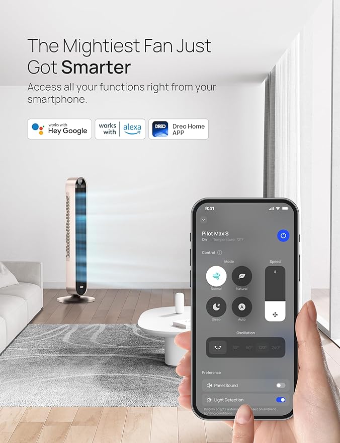 Dreo Smart Tower Fan Voice Control, 120° Oscillating Fan Works with Alexa/Google/App/Remote, 42 Inch, 25dB Quiet DC Bladeless Fan for Bedroom,12 Speeds, Floor Fan for Home, Office, Pilot Max S