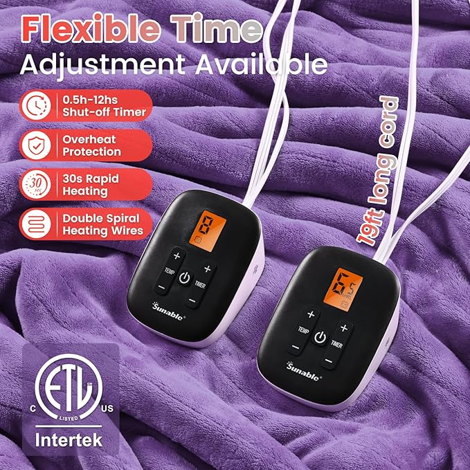 Sunable Heated Electric Blanket - Machine Washable Blanket with Time Settings 10 Heat Settings Queen Size 84×90 inches Purple - Velvet & Sherpa