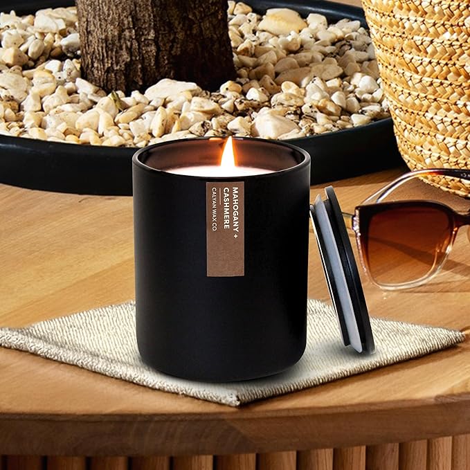 Calyan Wax Candle, Mahogany & Cashmere Scented Candle, 75 Hour Burn Time, Aromatherapy Soy Candles, Non Toxic & Vegan Soy Wax, Black Tumbler Scented Candles, 13oz