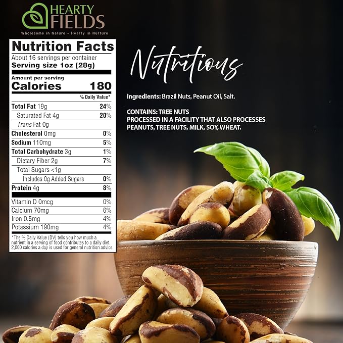 Hearty Fields - Brazil Nuts Roasted & Salted - No Shell, Whole (16 Oz - 1 LB) Wholesome In Nature - Hearty In Nurture Healthy Protein Food Snack, Food Assortments