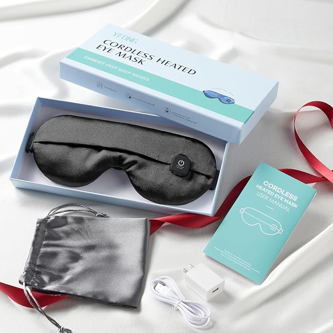 YFONG Cordless Heated Eye Mask for Dry Eyes, Warm Eye Compress for Stye, Blepharitis, Chalazion, MGD, Washable Heating Eye Mask for Sleeping, Travel, Office Nap, Perfect Light Blocking (Black)