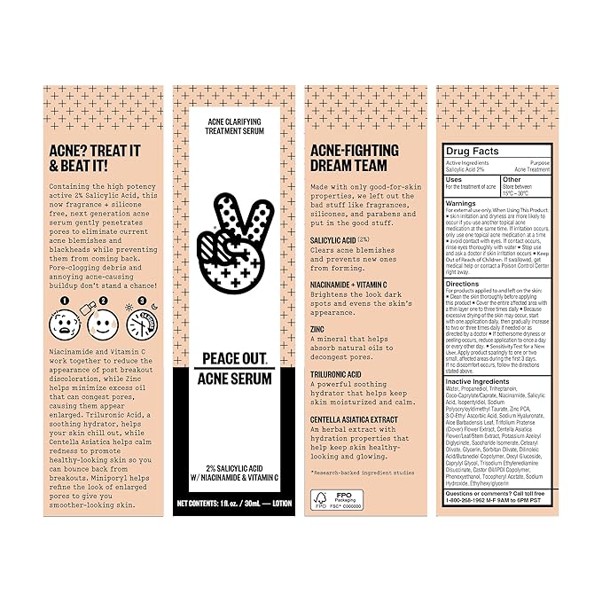 PEACE OUT Skincare Acne Serum. Daily Multi-Benefit Face Serum with 2% Salicylic Acid to Target Pimples, Zits, Blemishes and Breakouts, For Clearer-Looking Skin 1 fl oz