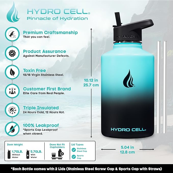 HYDRO CELL Stainless Steel Insulated Water Bottle with Straw - For Cold & Hot Drinks - Metal Vacuum Flask with Screw Cap and Modern Leakproof Sport Thermos for Adults (Teal/Black 64oz)