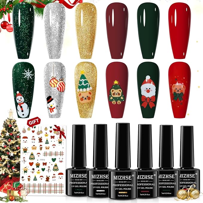 MIZHSE Christmas Gel Nail Polish, 6 Colors Sparkle Green Glitter Gold Silver Gel Polish Dark Green Red Gel Polish Kit, Long Lasting Soak Off Nail Art Manicure Home New Year Gift for Ladies