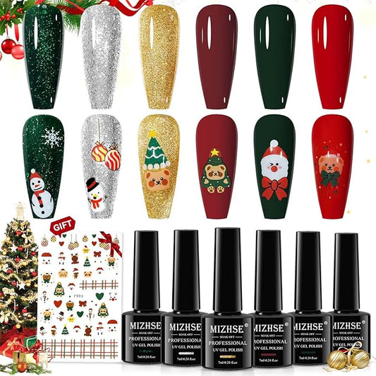 MIZHSE Christmas Gel Nail Polish, 6 Colors Sparkle Green Glitter Gold Silver Gel Polish Dark Green Red Gel Polish Kit, Long Lasting Soak Off Nail Art Manicure Home New Year Gift for Ladies
