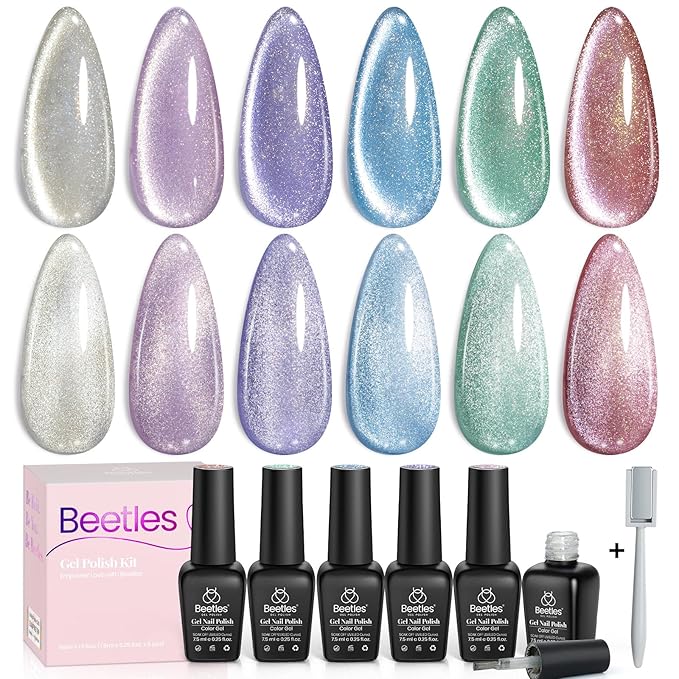 Beetles Cat Eye Gel Nail Polish, 6 Colors Glitter Gel Polish Kit Silver Pink Blue Purple Red Green Velvet Set with Magnet Soak Off UV French Nail Art Romantic Galaxy Series Gift for Women