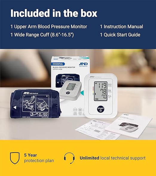 A&D Medical Blood Pressure Monitor for Home Use – UA-611 – Upper Arm Precise BP Machine– Wide Range Cuff 8.6-16.5” / 22-42cm), Easy to Use - One-Click Operation, 60 Reading Memory