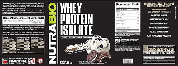 NutraBio 100% Whey Protein Isolate Protein Powder, 25g Protein with Complete Amino Acid Profile, Soy and Gluten Free, Low Carb and Low Calorie Whey Protein Powder, Ice Cream Cookie Dream, 5 Lbs.