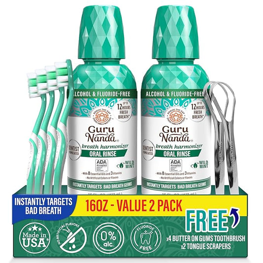 GuruNanda Fresh Breath Mouthwash, ADA-Accepted, Alcohol & Fluoride-Free, Sodium Chlorite, Essential Oils & Vitamins, 12-Hrs Fresh Breath, Wild Mint, 16 oz - 2 Pack