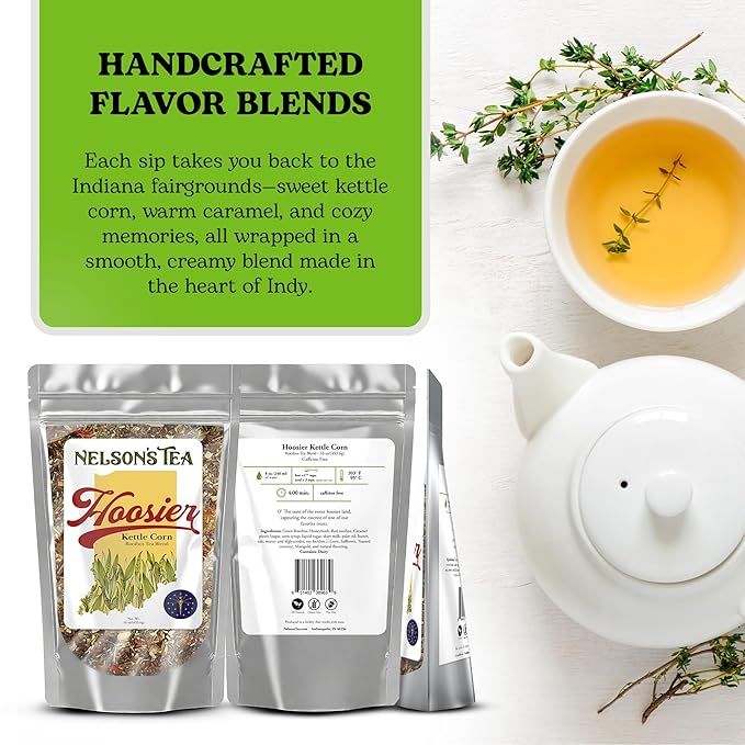 Nelson's Tea Hoosier Kettle Corn - Cut & Sifted, Caffeine Free Loose Leaf Tea with Sweet and Spicy Blend of Green Rooibos, Honeybush, Caramel, Corn, Safflower, Toasted Coconut, Marigold (16 oz)
