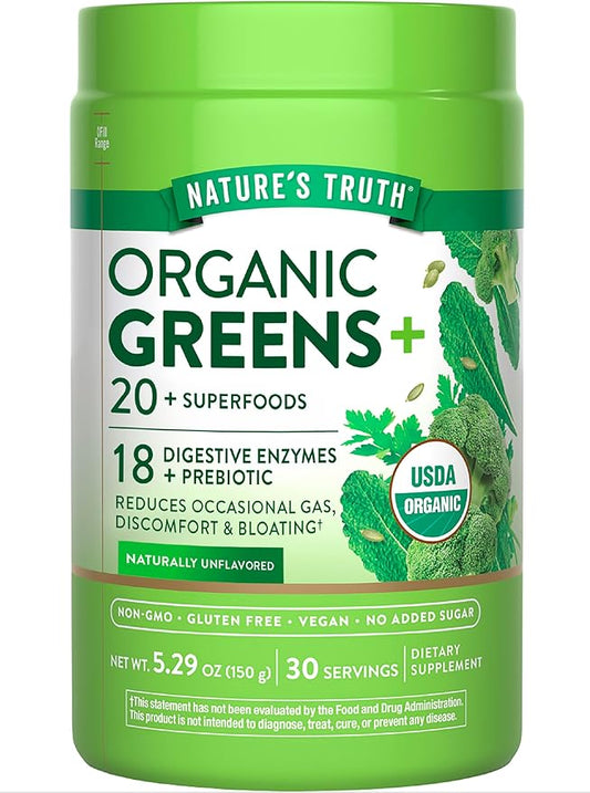 Nature's Truth Organic Greens Powder | 20 Plus Superfoods | 5.29 Oz | Digestive Enzymes & Prebiotic Blend | Vegan, Non-GMO & Gluten Free Supplement
