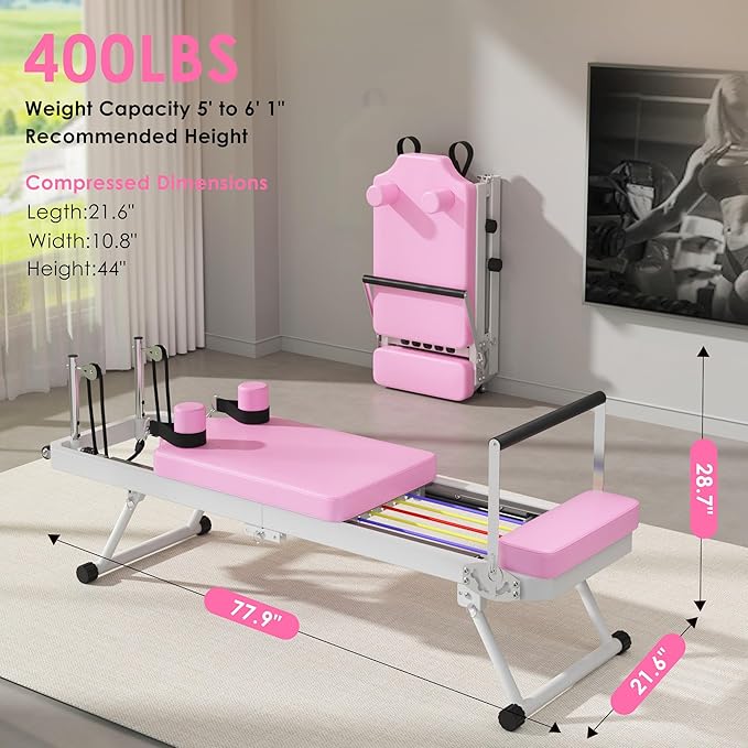 DlandHome Pilates Reformer, Foldable Pilates Reformer Machine with Springs & Resistance, Suitable for Advanced and Beginners Users Adjustable Pilates Equipment for Full-Body Home Workout Up to 330 lbs