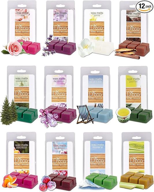 D'Eco Floral Scented Wax Melts - 12 Count Variety Pack Home Fragrances - Long Lasting Scented Wax Tarts for Warmers - Rose, Pine, Winter Berry, Lavender, Jasmine, Sea Salt Linen, Lilac & Nature Scents