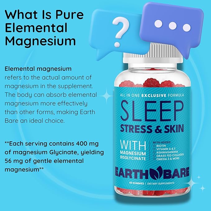 All in One Stress Skin Sleep Gummies w/Magnesium Glycinate, Grass Fed Collagen, Vitamin A, C, E & Zinc | Sleep & Glow Gummies for Adults | 60 Gummies