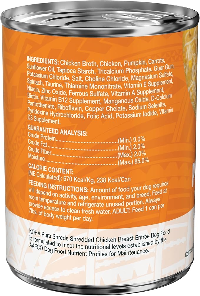 KOHA Pure Shreds Chicken Entrée for Dogs, 12.5oz Cans (Pack of 12)
