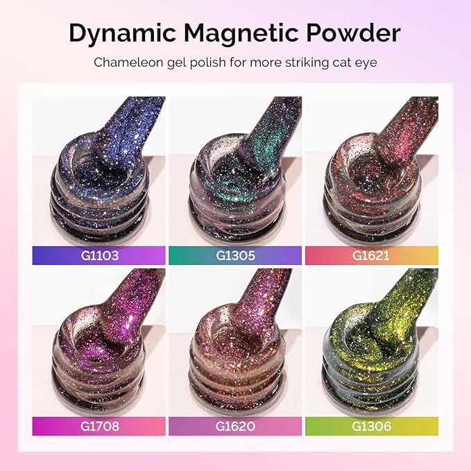 MelodySusie Chameleon Cat Eye Gel Nail Polish Set 6 PCS, 15ml 0.5 Fl Oz Nude Pink Silver Glitter Holographic Magnetic Nail Polish with Magnet, UV Nail Polish for Nail Art Manicure Salon DIY at Home
