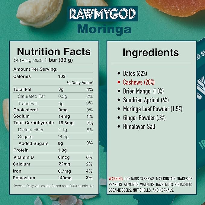 RAWMYGOD Fruit and Nut Bars, Gluten Free, Vegan, No Added Sugar (20 bars, Moringa)