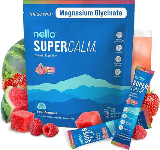 Nello Supercalm Drink Mix - Ashwagandha KSM 66, Magnesium Glycinate & L-Theanine Supplement - Ashwagandha Root Extract - Focus and Relaxation Support (20 Travel Packets) - Melon Berry