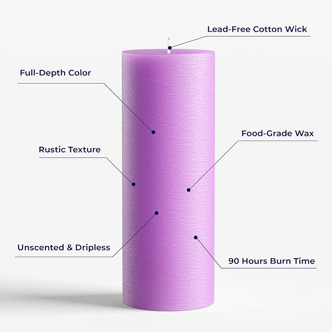 Set of 2 Pillar Candles 3" x 8" Unscented Handpoured Weddings, Home Decoration, Restaurants, Spa, Church Smokeless Cotton Wick - Lilac