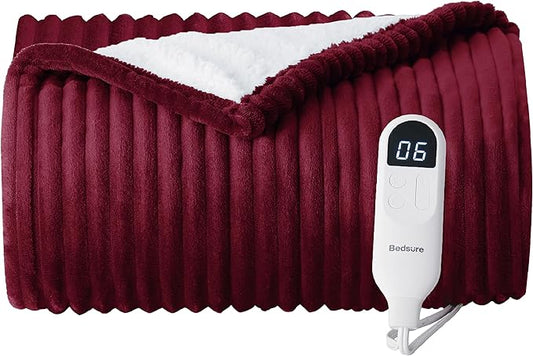 Bedsure GentleSoft Heated Blanket Throw - Soft Ribbed Flannel Electric Blanket, Heating with 4 Time Settings, 6 Heat Settings, and 3 hrs Timer Auto Shut Off, Gifts for Grandma (50x60 inches, Burgundy)