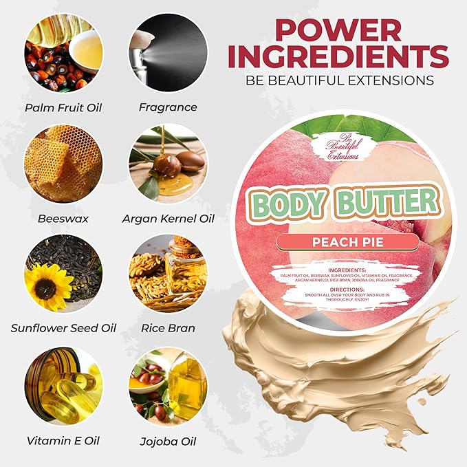 body butter peach pie scent long -lasting fragrance,hydrate skin jojoba oil and more 8oz