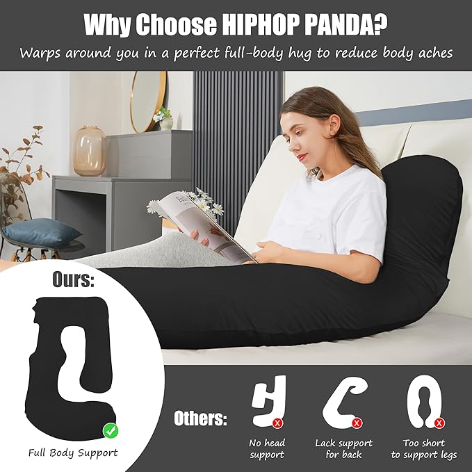 HIPHOP PANDA U-Shaped Pregnancy Pillow for Sleeping - Full Body Maternity Support Pillow with Removable Cover - Comfort for Back, HIPS, Legs, Belly - 57 Inch for Pregnant Women, Black