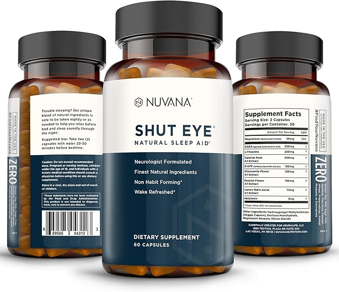 Shut Eye Natural Sleep Aid Supplement for Adults | 5mg Melatonin | Helps Relax and Promote Natural Deep Sleep with Valerian Root, Chamomile & Magnesium | Vegan & Non-GMO | 60 Capsules