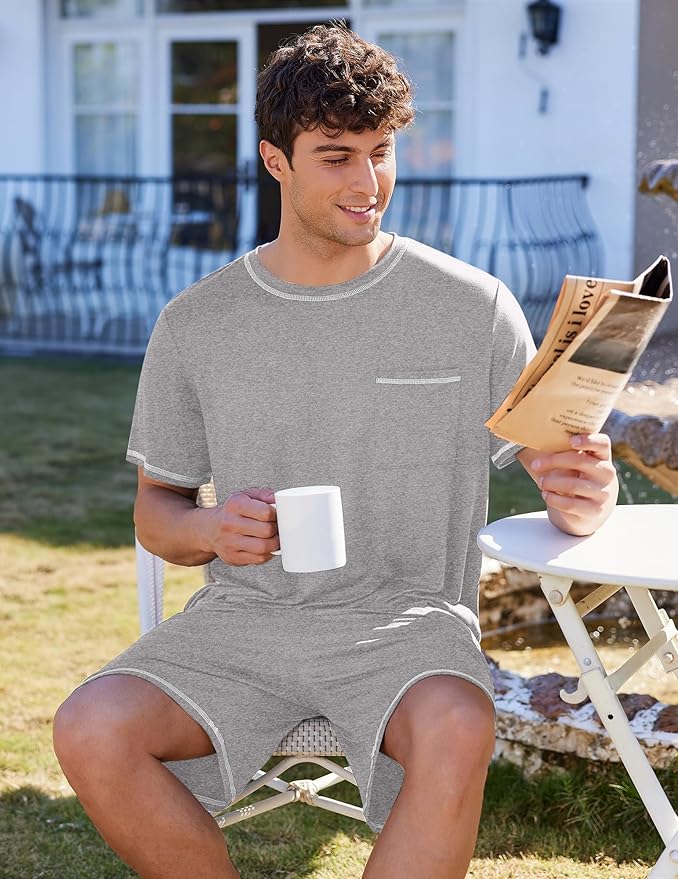 Ekouaer Men's Pajamas Set Casual Short Sleeve Shirts and Shorts Soft 2 Piece Loungewear With Pockets