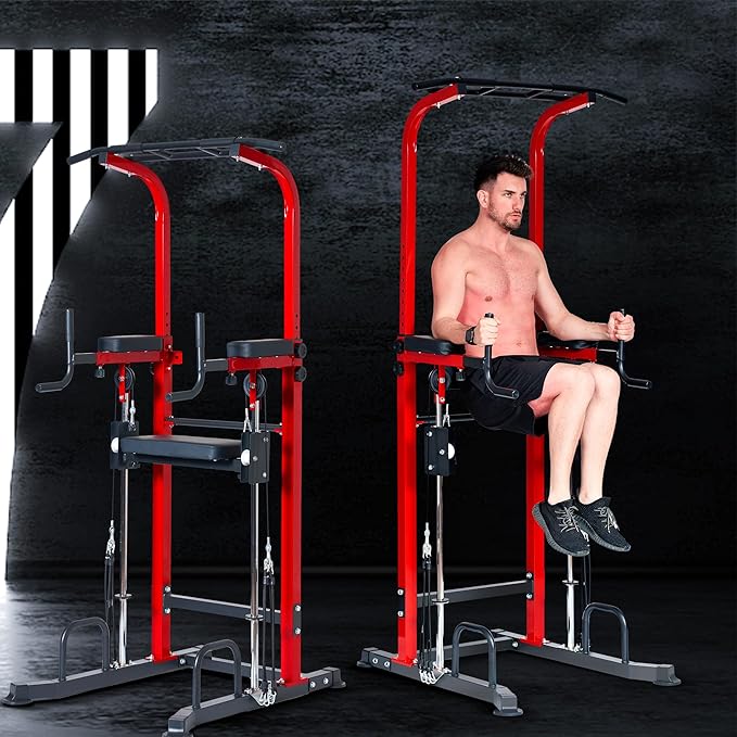 Dland Power Tower Dip Station Pull Up Bar Exercise Tower, Free Standing Pull Up Bars For Home Gym Strength Training Workout Equipment