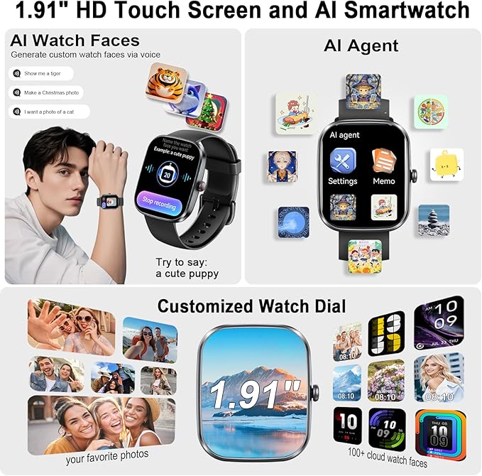 AI Smart Watch with ChatGPT, 1.91" Bluetooth Calling Smartwatch for Men Women, 110+ Fitness Modes Activity Tracker, Heart Rate/Sleep/Calorie Monitor, IP68 Waterproof Step Counter for Android iOS