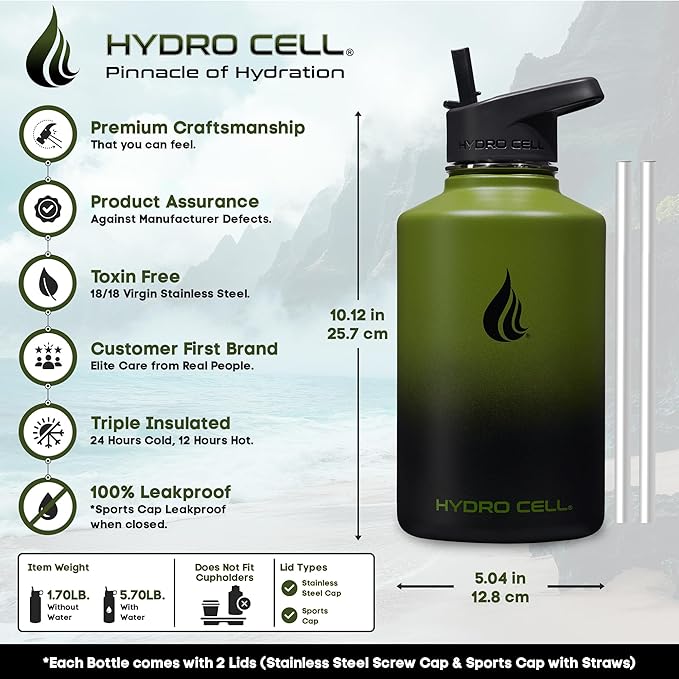 HYDRO CELL Stainless Steel Insulated Water Bottle with Straw - For Cold & Hot Drinks - Metal Vacuum Flask with Screw Cap and Modern Leakproof Sport Thermos for Adults (Army/Black 64oz)