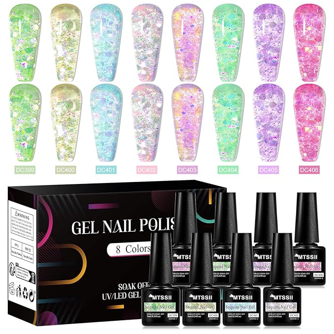 MTSSII Jelly Glitter Gel Nail Polish Set 8 Pcs Transparent Glass Flowinglight Gel Polish Sheer Shiny Sequins Pink Blue Green Purple Gel Nail Kit for Nail Art DIY Manicure at Home