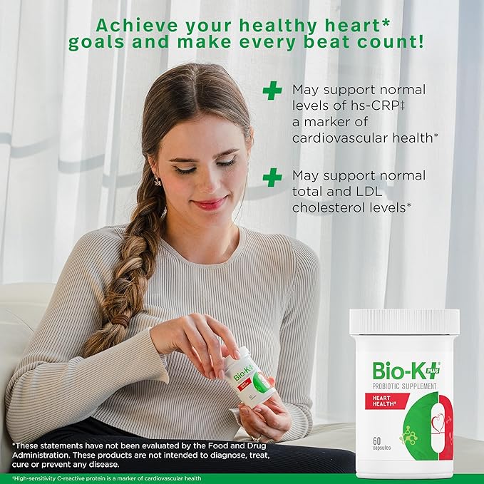 Bio K+ Heart Health Probiotic with Limosilactobacillus reuteri LRC – 5 Billion CFU – Cholesterol & Cardiovascular Support – Vegan, Shelf-Stable, Non-GMO – Probiotics for Men & Women – 60 Capsules