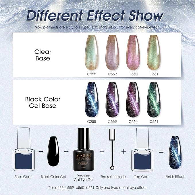 ROSALIND Cat Eye Gel Nail Polish with Magnet, 12 PCS Holographic Glitter Purple Blue Red Gel Polish Magnetic and Swirl Shell Thread Effect Sparkle Nail Polish Christmas Cateye Gifts for Women