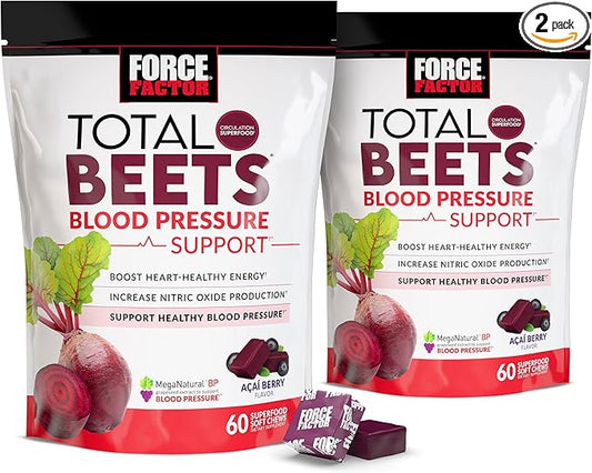 Force Factor Total Beets Blood Pressure Support Supplement with Beets Powder, Great-Tasting Chewables for Heart-Healthy Energy, and Increased Nitric Oxide, 120 Chews, 2-Pack