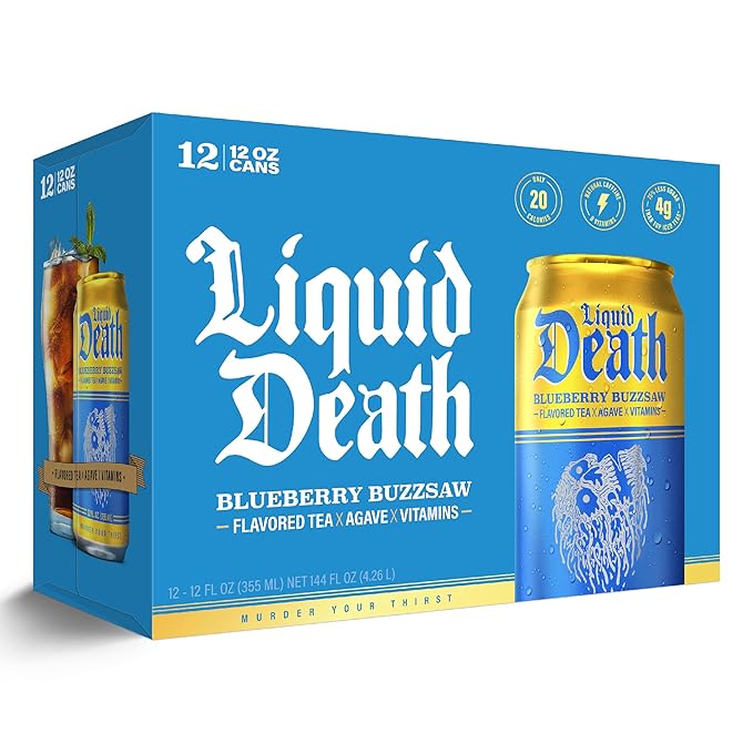 Liquid Death, Blueberry Buzzsaw Iced Tea, 12-Pack (12 oz Cans), Blueberry Flavored Black Tea, Low Calorie, No Artificial Sweeteners, B12 & B6 Vitamins
